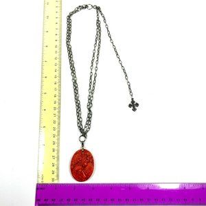 Vintage Double Chain, Silver Tone Metal Necklace, Marbled Resin/Acrylic Pendant